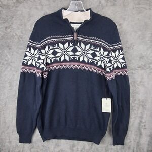 Aspen Mens Navy Blue Fair Isle Snowflake 1/4 Zip Cotton Sweater Medium NWT